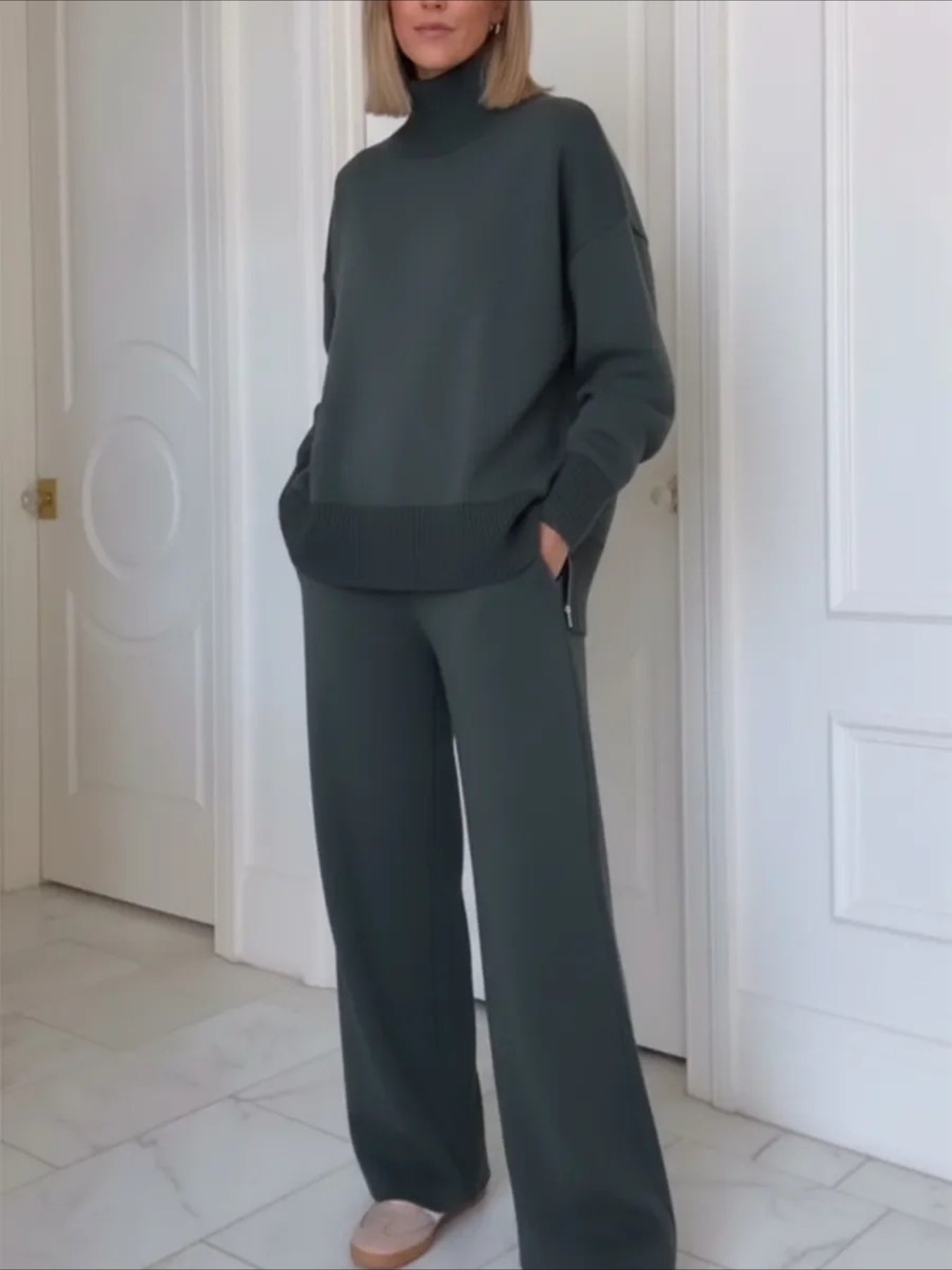 Casual Travel Stand Collar Side Zipper Top Straight Pants Two-Piece Set