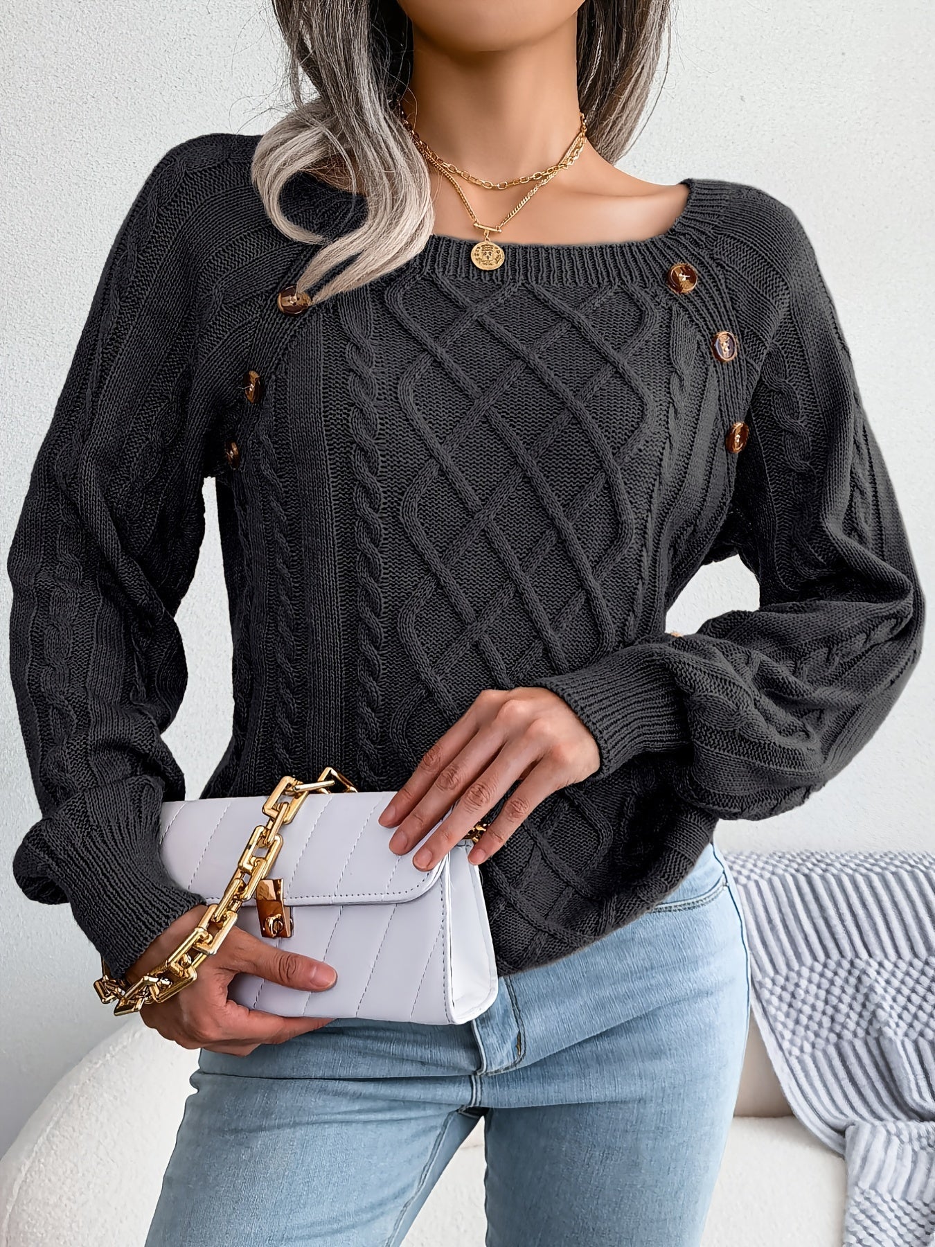 Cozy Women's Sweater with Textured Button Lantern Sleeves