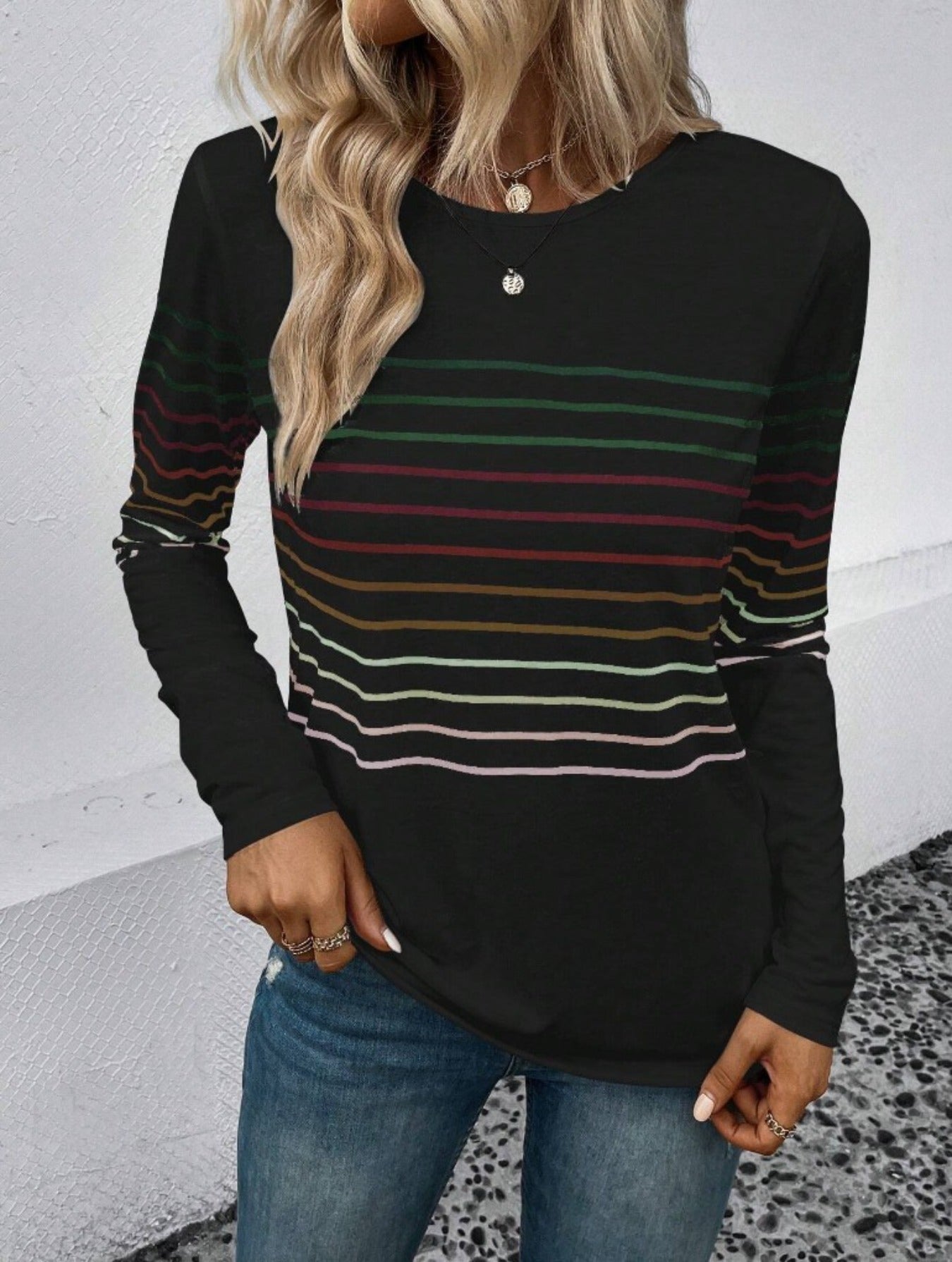 Women's Stripe Print Long Sleeve Round Neck Slight Stretch T-shirt