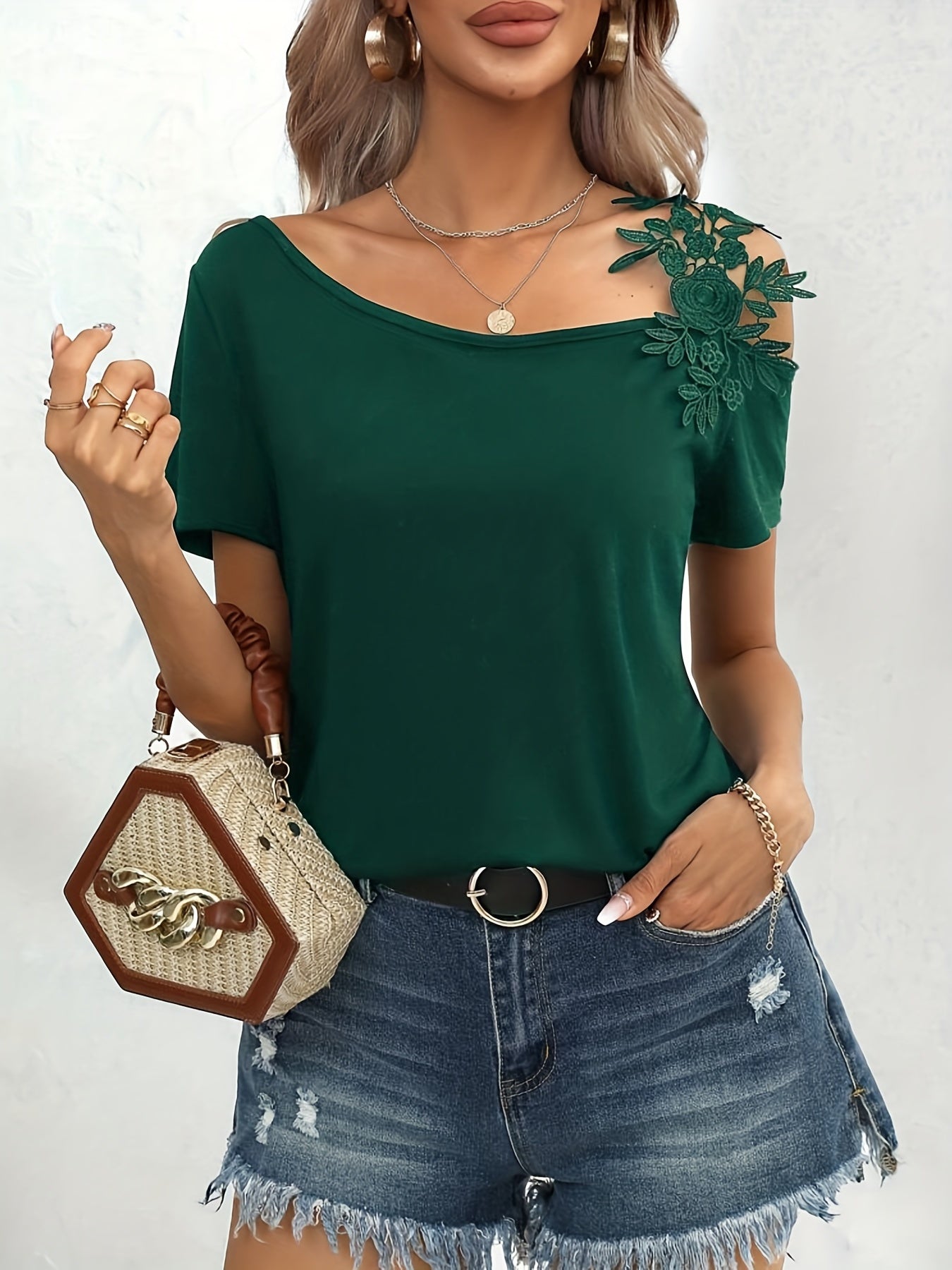 Women's Guipure Lace Asymmetrical Neck Short Sleeve T-Shirt