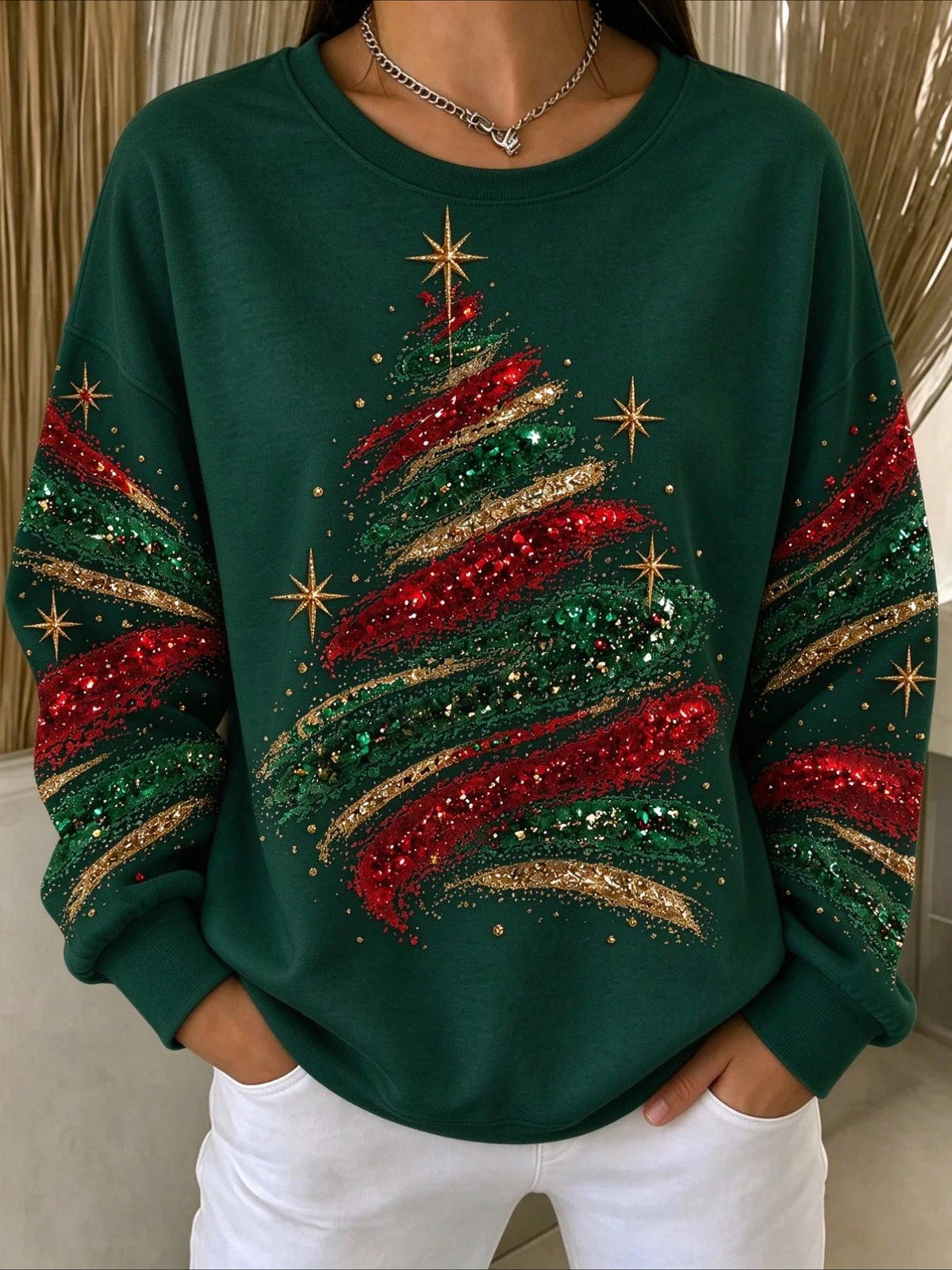 Crew Neck Long Sleeve Vintage Sparkly Christmas Tree Sweatshirt