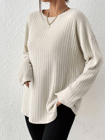 Ribbed Crew Neck T-Shirt, Casual Long Sleeve Top