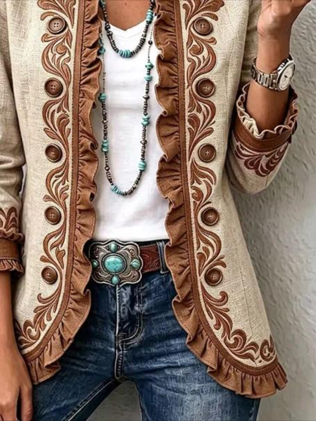 Totem Prints Long Sleeve Ruffle Edge Open Button Cardigan Coat