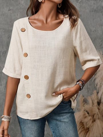Vintage-Inspired Button-Up Round Neck Blouse with Puffed Sleeves