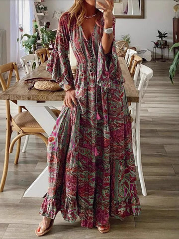 Vintage Casual Daily Regular Fit Floral Long Sleeve V Neck Maxi Dress
