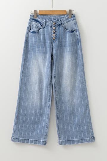 Beau Blue Multi Buttons Pinstripe Wide Leg Jeans