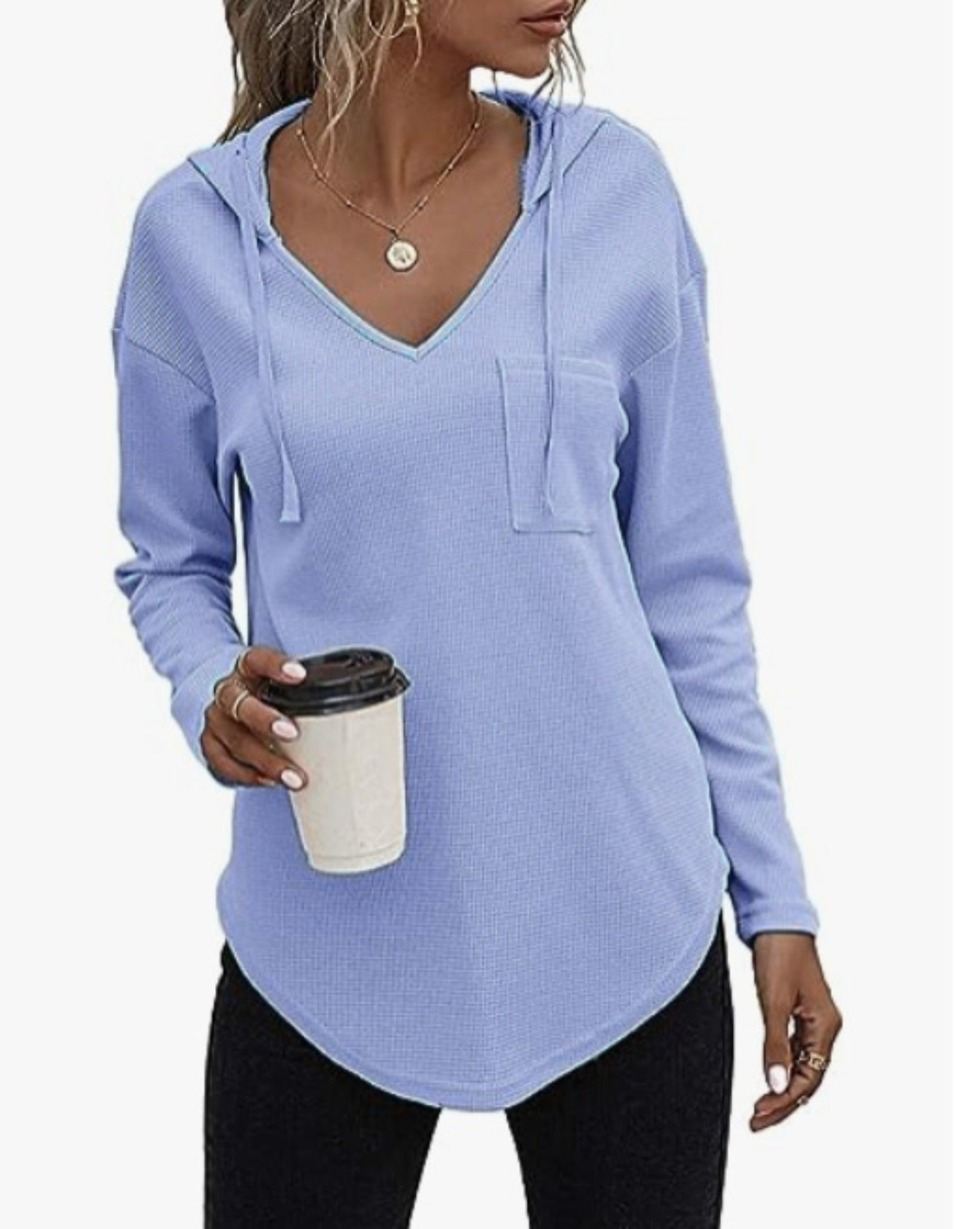 Drawstring Solid Waffle Hoodies, Casual V Neck Long Sleeve Sweatshirt With Pocket
