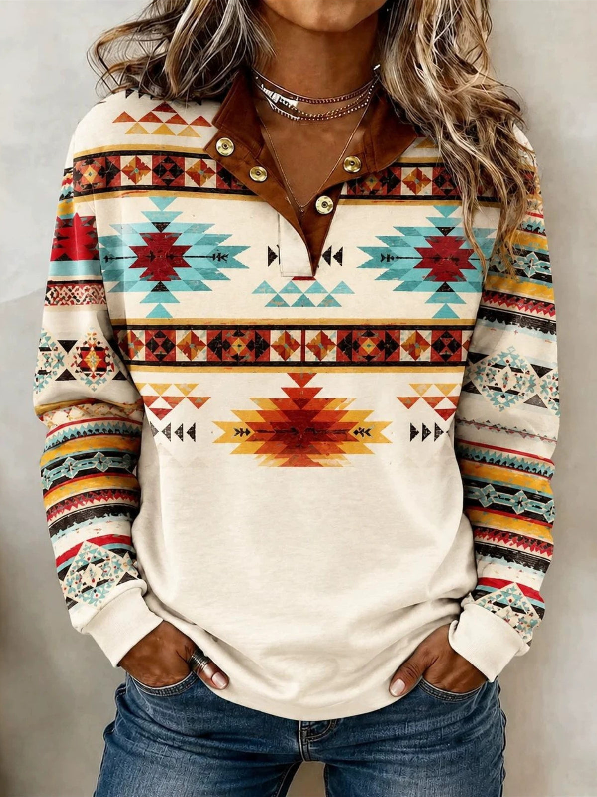 Ethnic Geometry Half Open Collar Vintage Spring/Fall Long Sleeve Sweatshirt