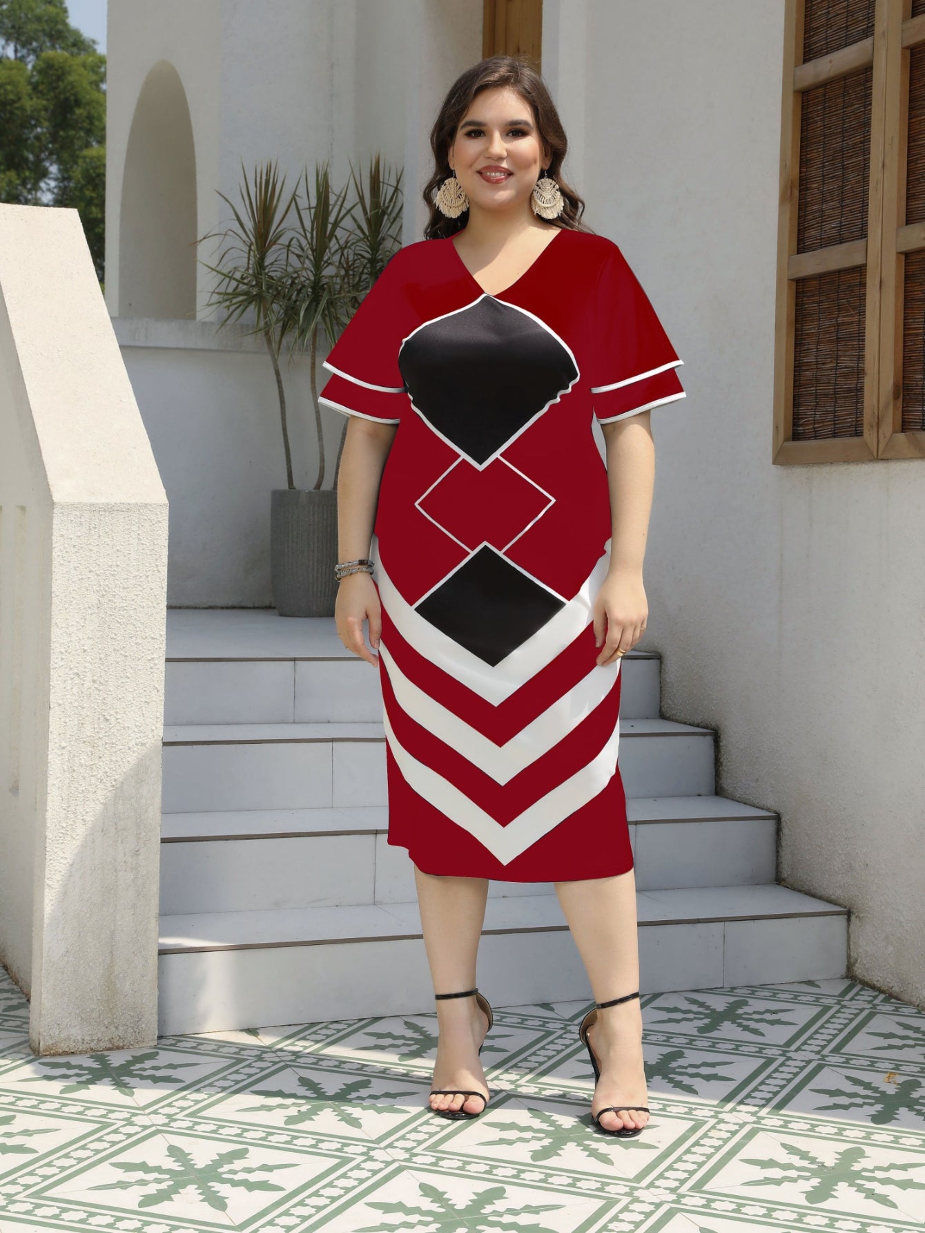 Casual Dress, Women's Colorblock Geometric Print Layered Ruffle Sleeve V Neck Split Hem Medium Stretch Slim Fit Midi Dress