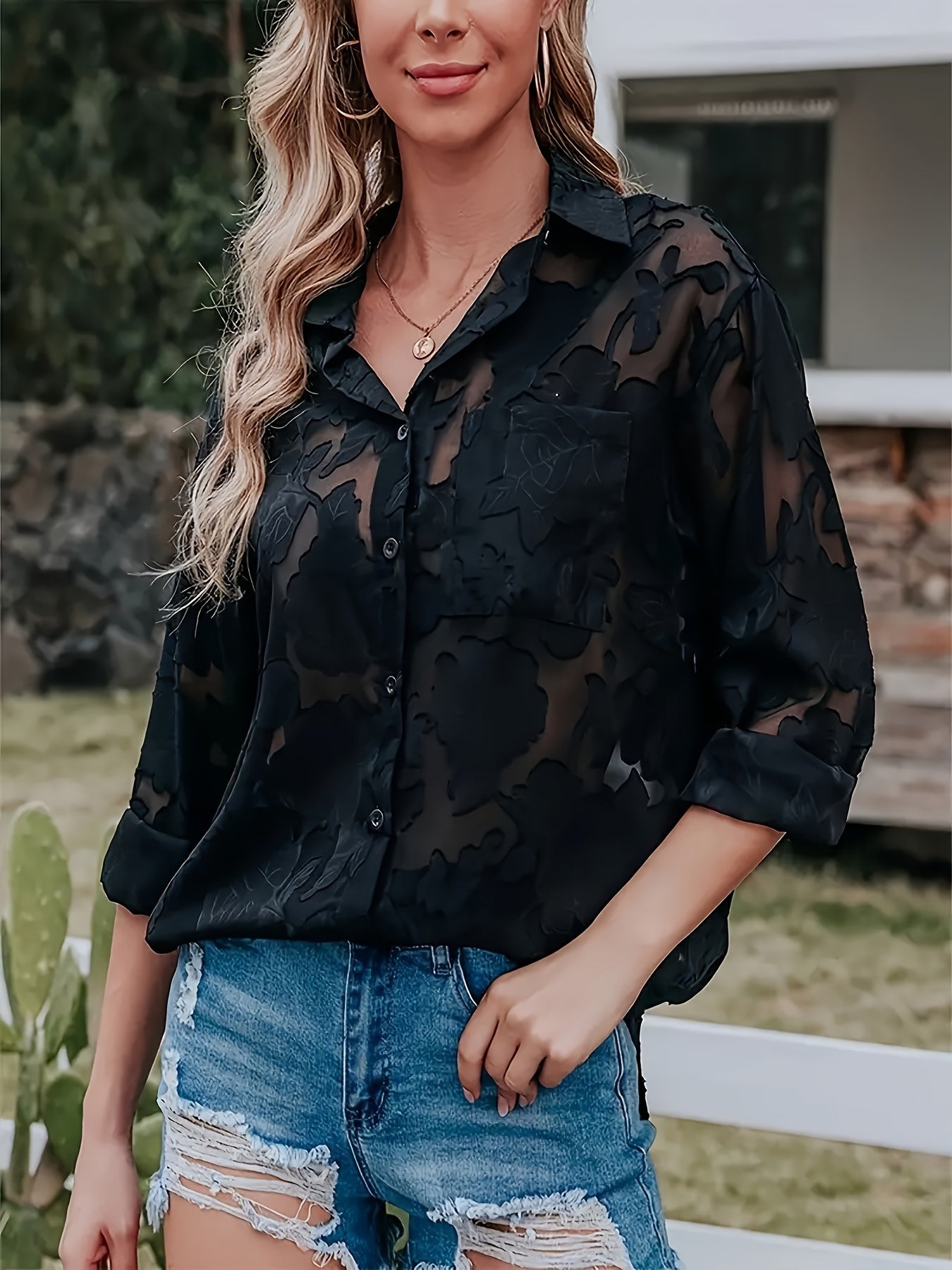 Jacquard Button Up Sheer Loose Blouse, Elegant Long Sleeve Blouse For Spring & Fall, Women's Clothing