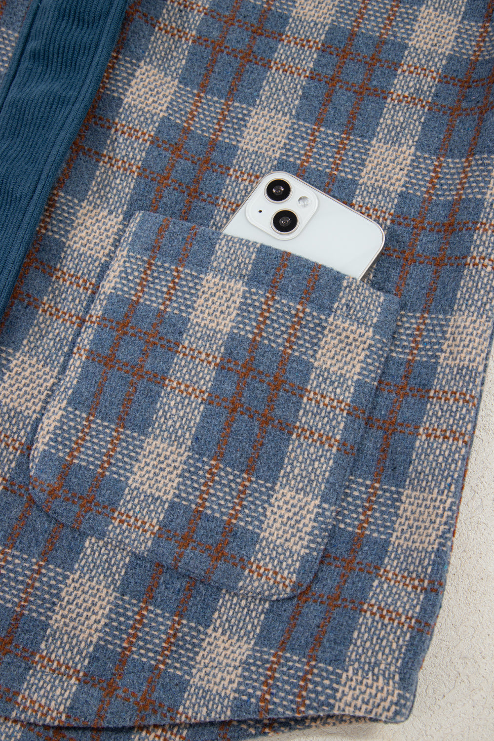 Gray Plaid Corduroy Patchwork Collared Zip Up Snap Button Jacket