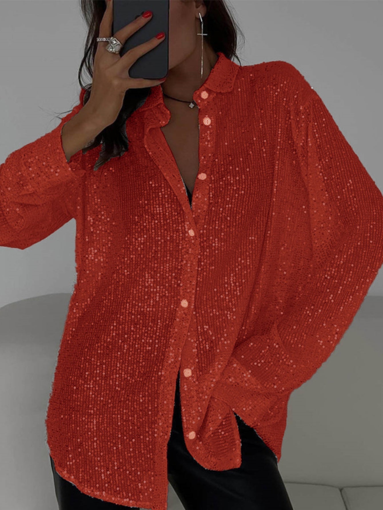 Womens Sequins Long Sleeve Collared Shirt Button Down Open Front Shirt Loose Tops