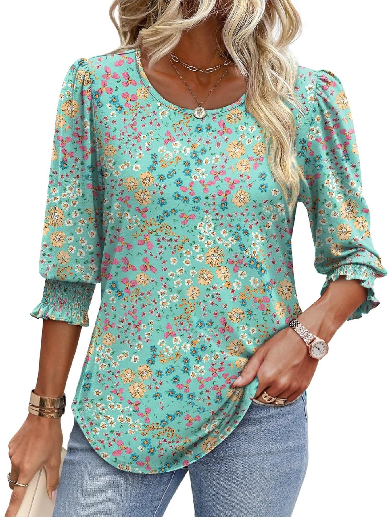 Casual 3/4 Length Sleeve Blouses with Smocked Cuffs