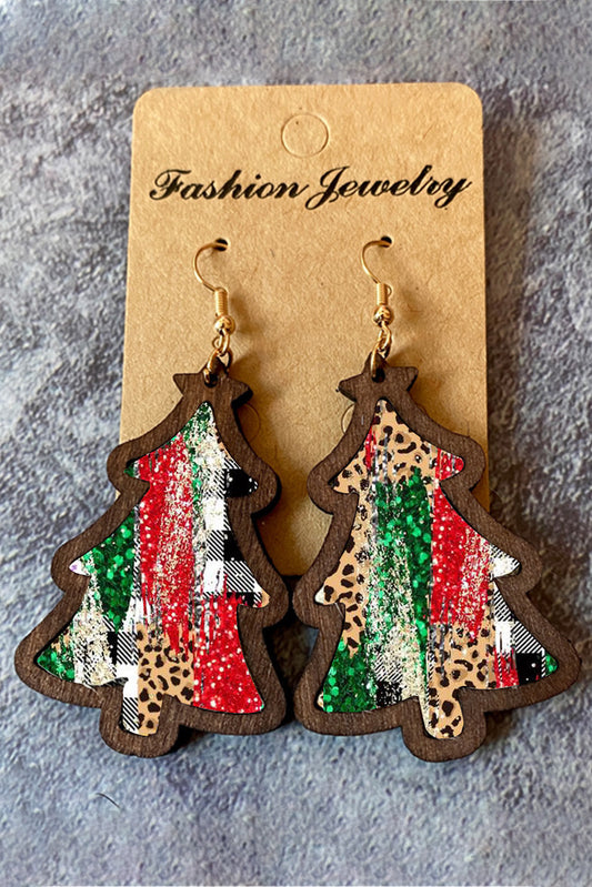 Red Shade Of Leopard Plaid Christmas Tree Earrings