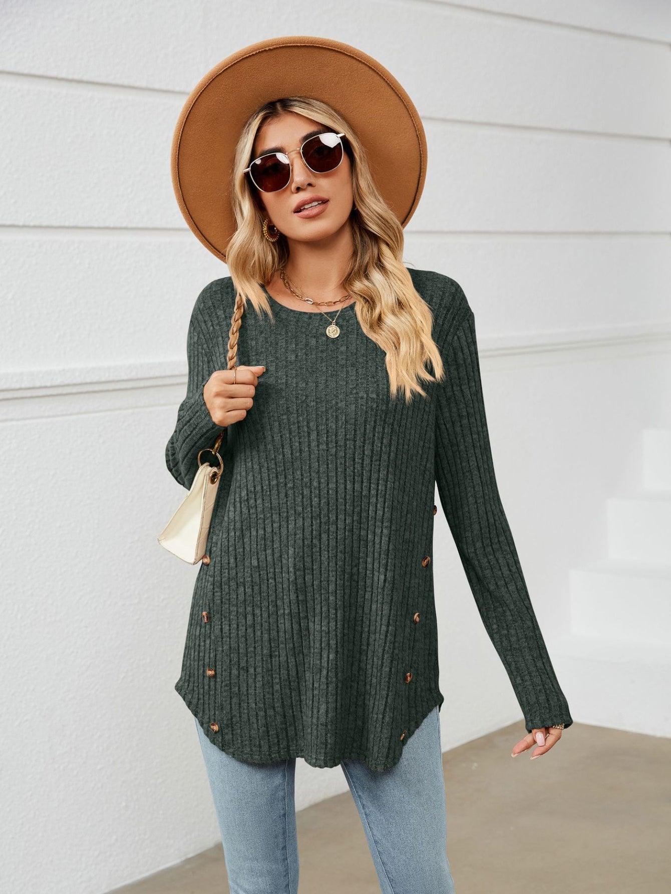 Solid Crew Neck Rib Knit Top, Casual Button Long Sleeve Loose Sweater