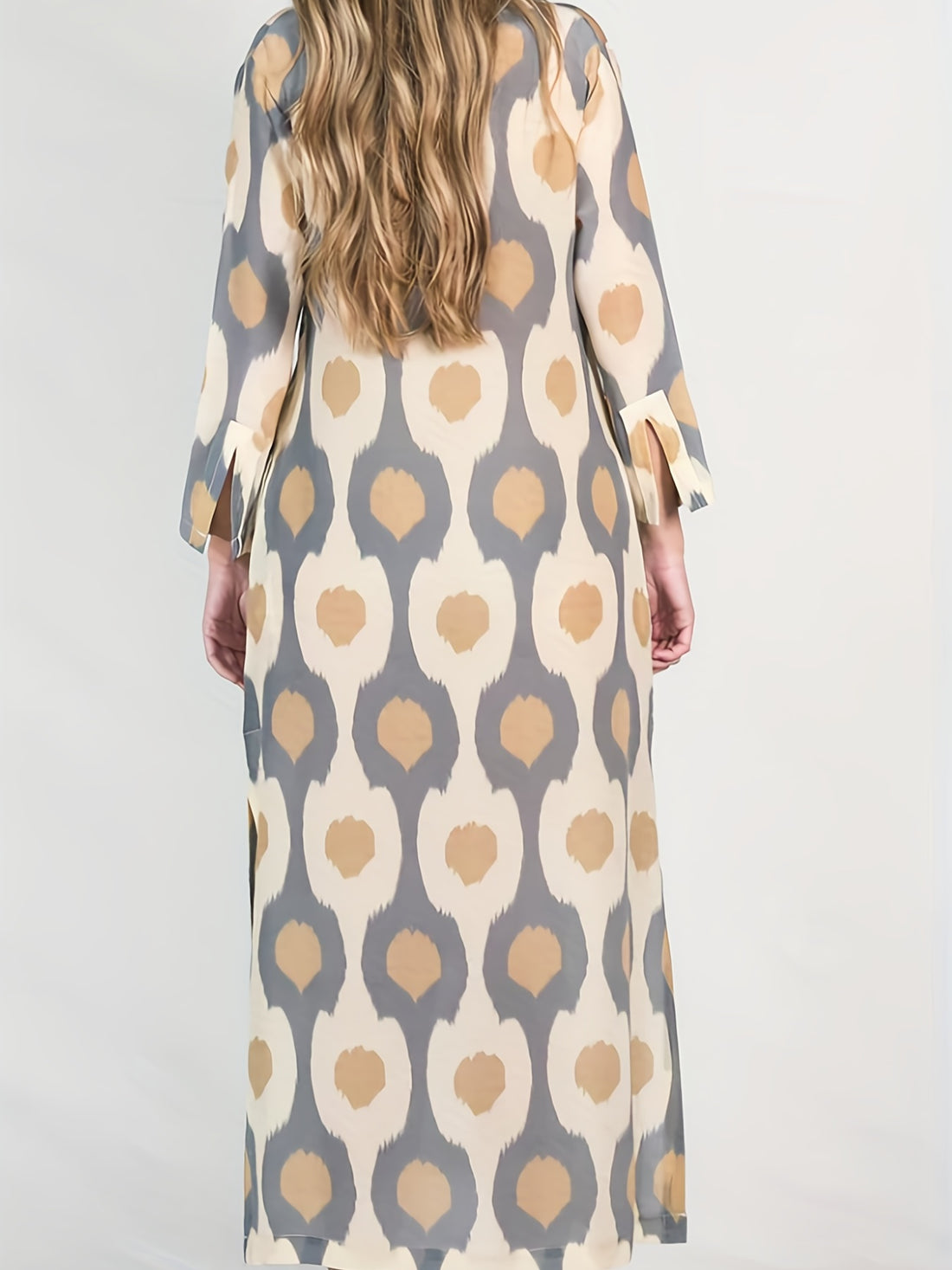 Graphic Print Split Dress, Vintage V Neck Long Sleeve Maxi Dress