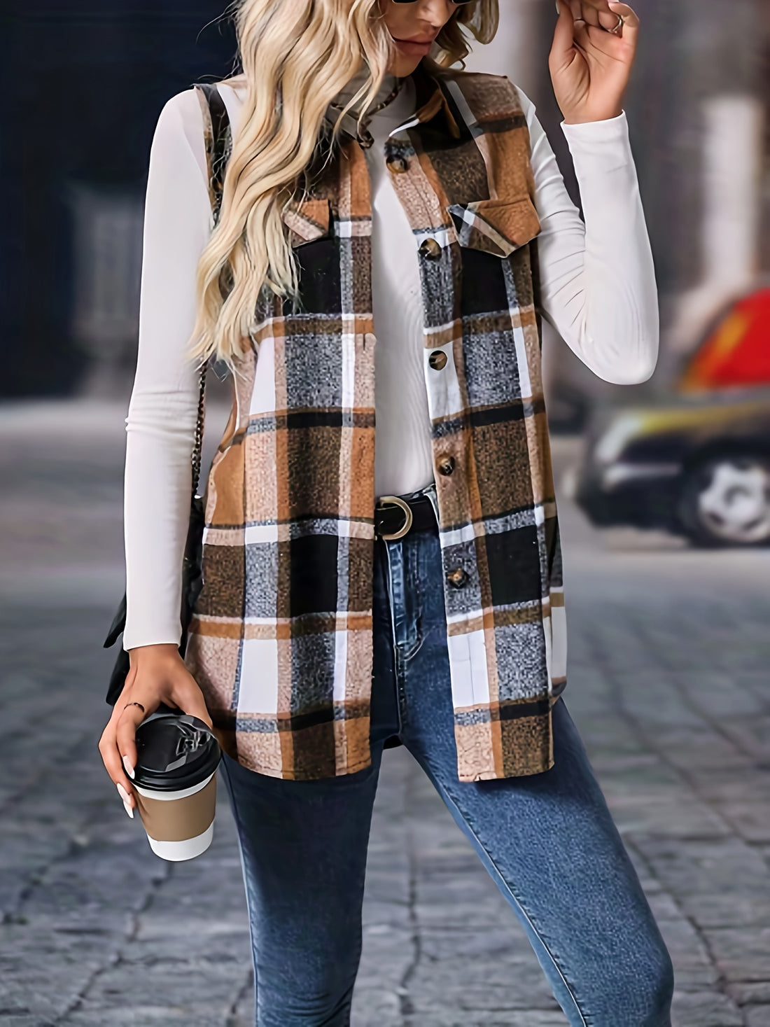 Women's Casual Plaid Print Tunic Vest Coat