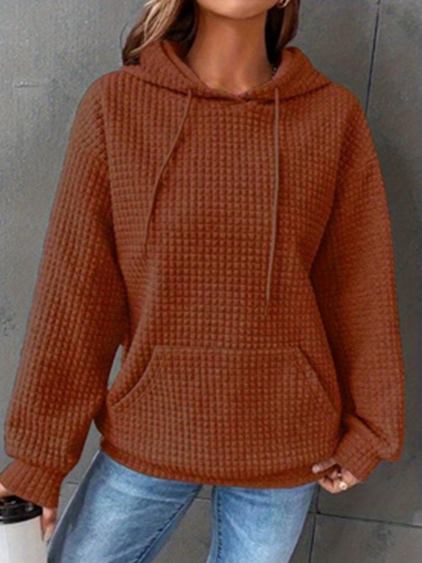 Waffle Grid Kangaroo Pocket Hoodie, Casual Long Sleeve Drawstring Hoodies Sweatshirt