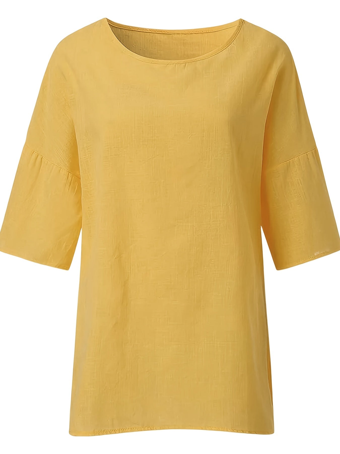 Crew Neck Loose Blouses, Casual Solid Color 3/4 Sleeve Summer Shirts Tops
