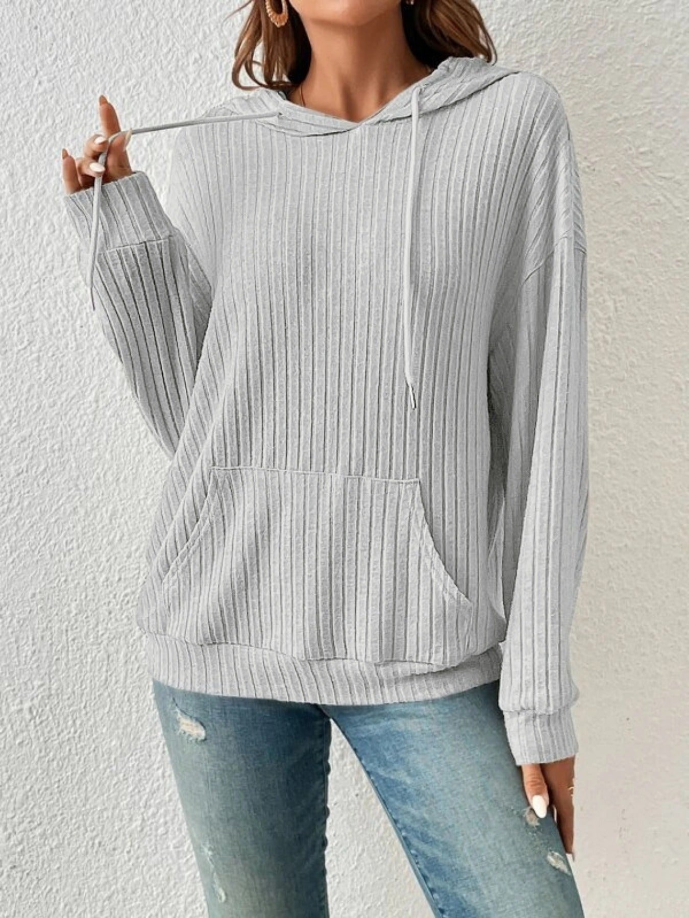 Women's Ribbed Knit Long Sleeve Drawstring Medium Stretch Hooded Sweater With Kangaroo Pocket