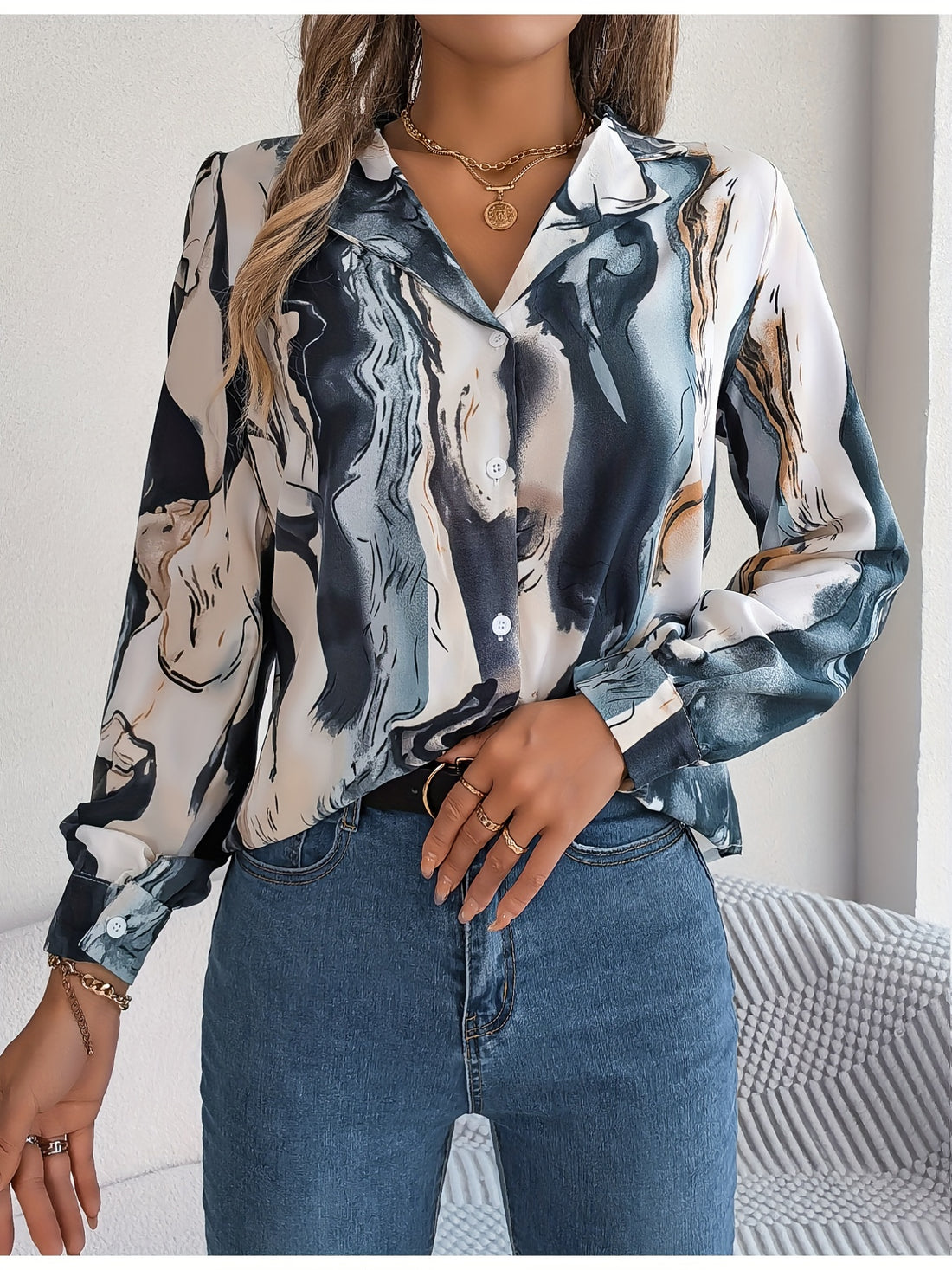 Graphic Print Button Front Shirt, Casual Long Sleeve Shirt