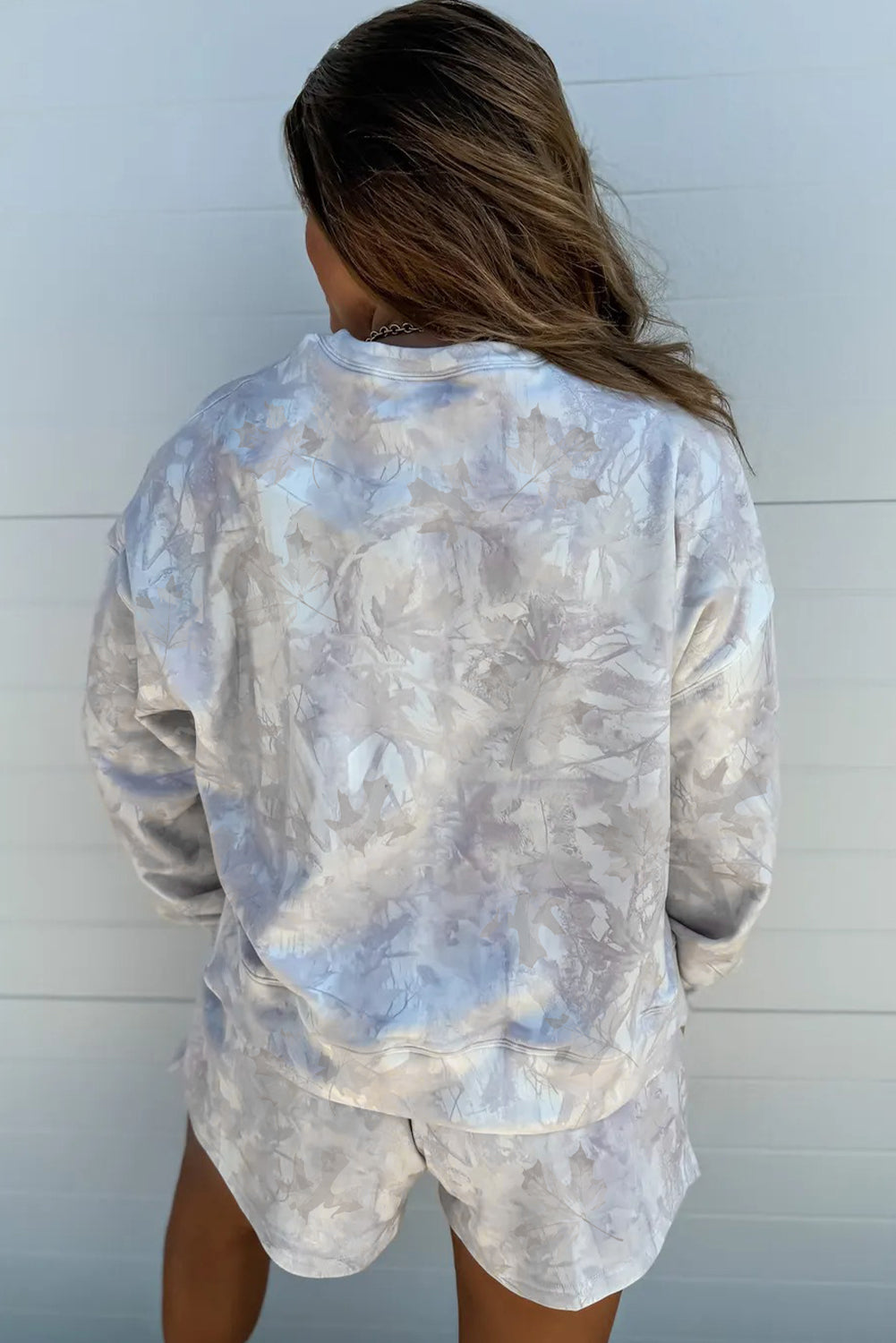 Beige Camo Print Pullover Top and Elastic Waist Casual Short Set