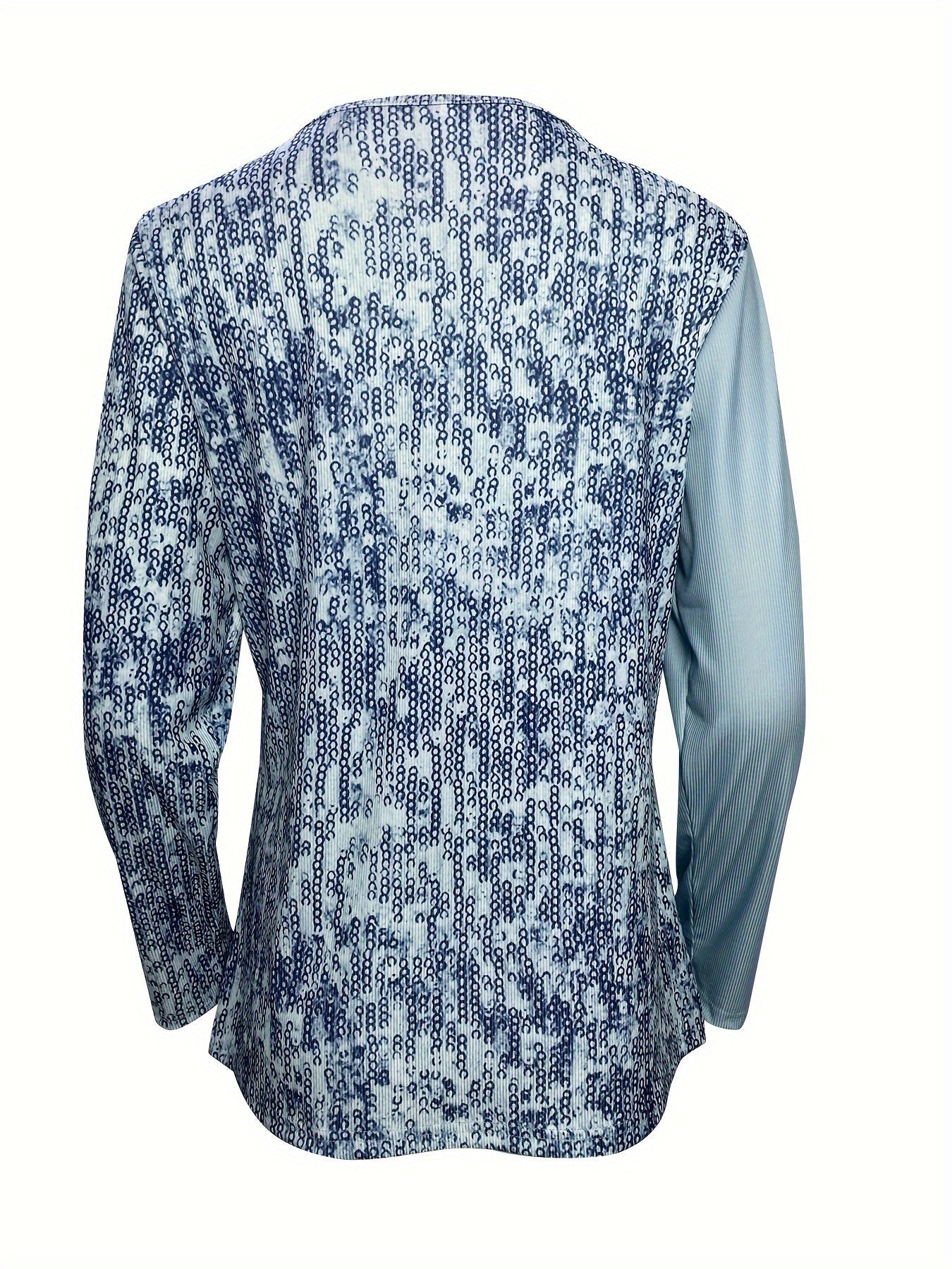 Sequined Button Decor V-neck Splicing T-Shirt, Casual Long Sleeve T-Shirt