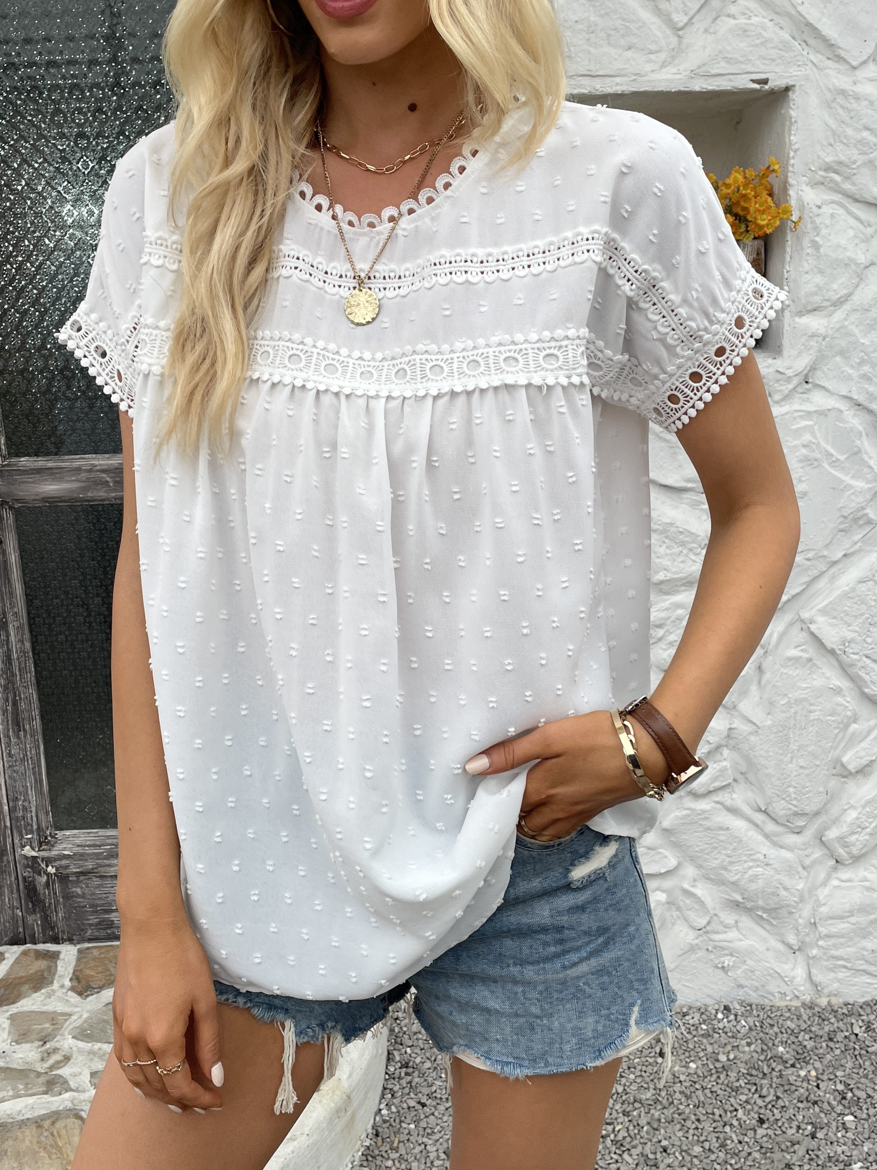 Women's Swiss Dot Embroidered T-Shirt, A Stylish and Comfortable Everyday Top