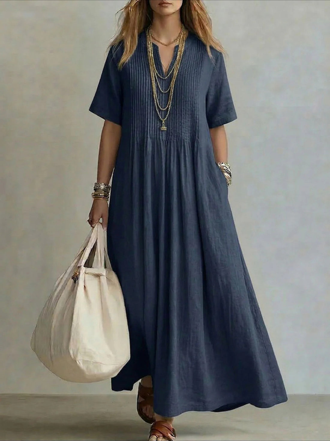 V-neck Short Sleeve Pleated Design Casual Loose Fit Maxi Dress