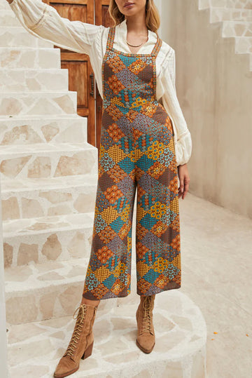 Multicolour Boho Floral Print Crossed Straps Ankle-length Jumpsuit