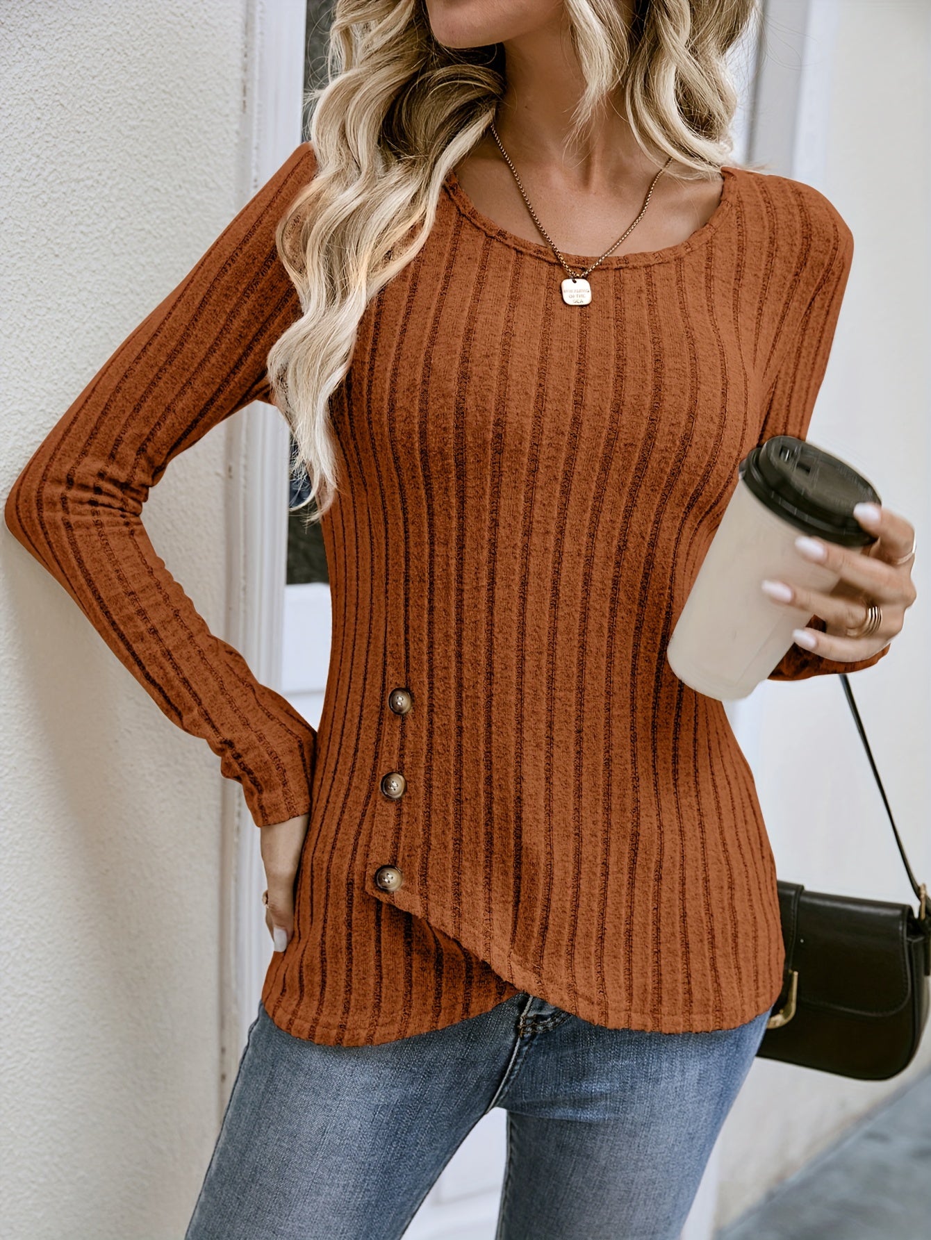 Ribbed Button Decor Crew Neck T-Shirt, Casual Long Sleeve Top
