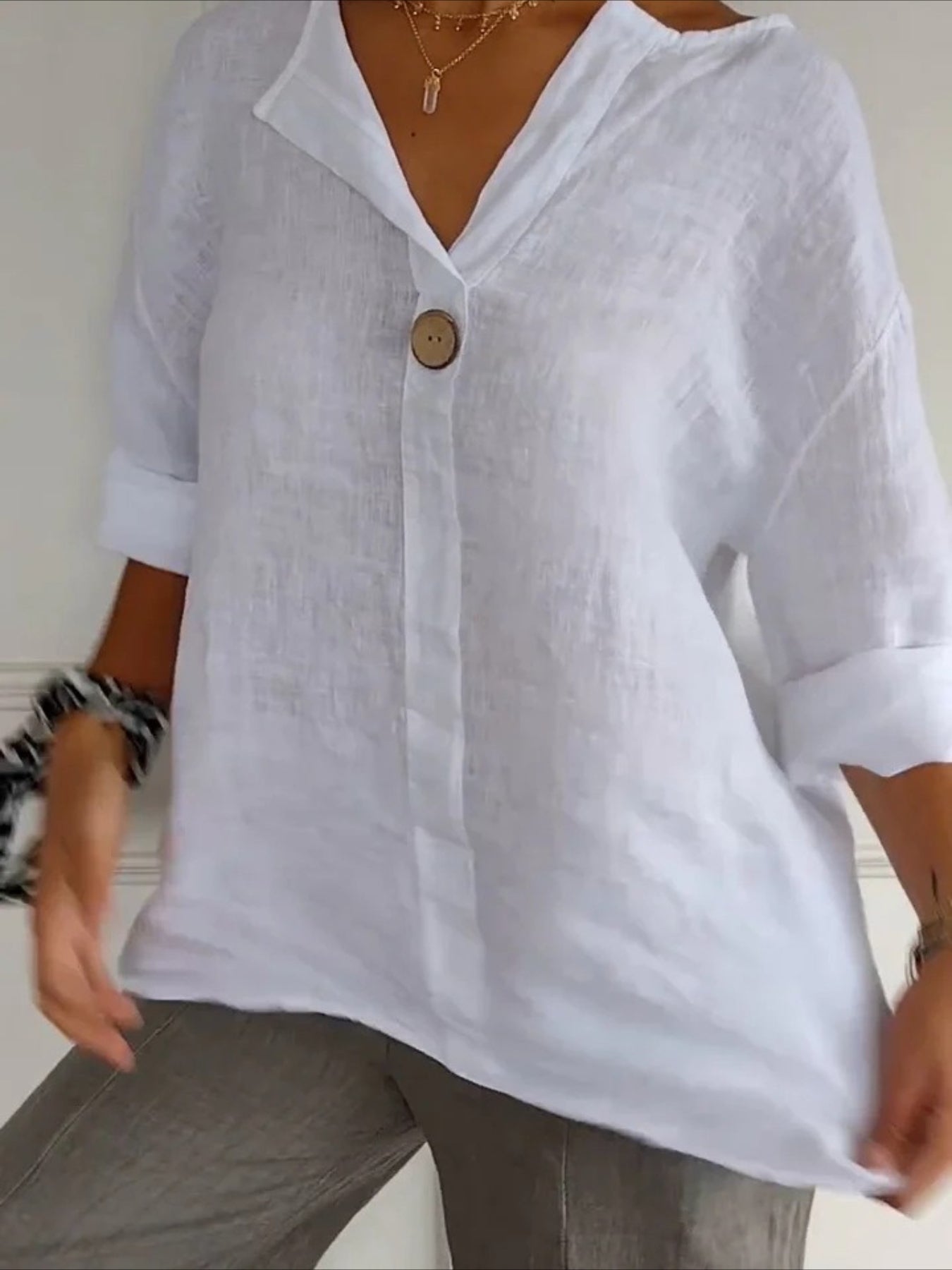 Cotton Linen Loose V Neck Casual Blouse