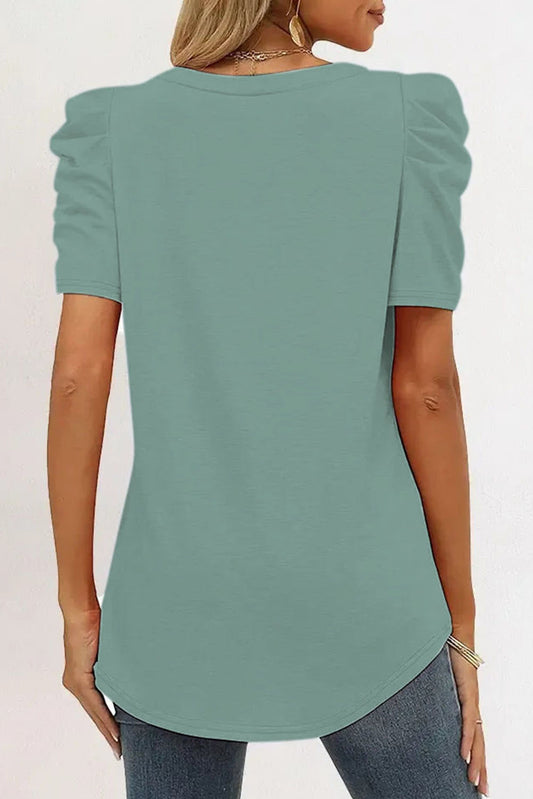 Green Puff Sleeve V-Neck T-Shirt