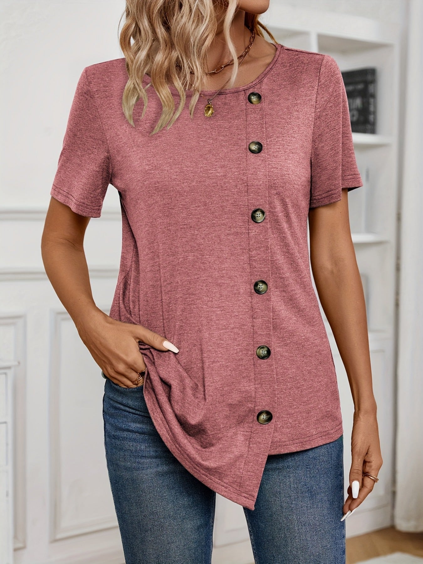 Button Decor Solid T-Shirt, Casual Crew Neck Short Sleeve Top