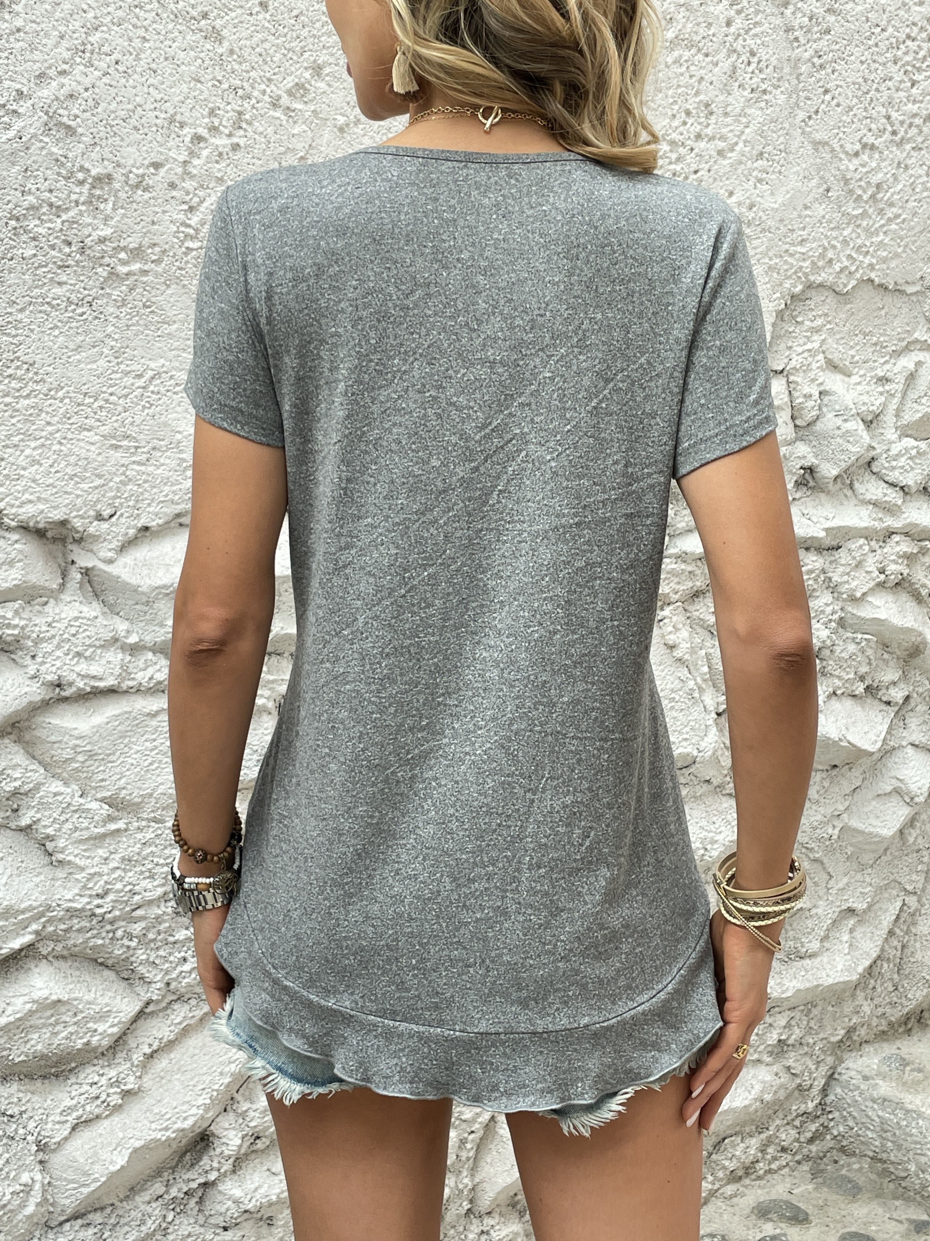 Asymmetrical Ruffle Hem T-Shirt, Casual Crew Neck Short Sleeve T-Shirt