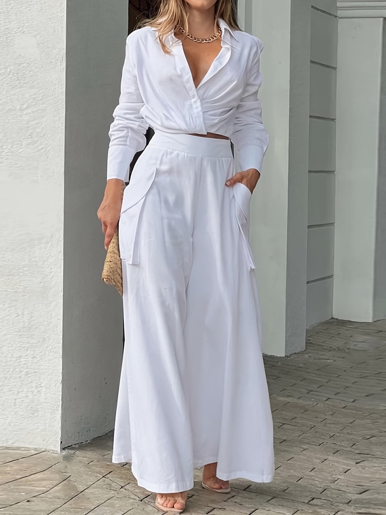 Women's Spring & Fall Loose Two-piece Set, Elegant Solid High Waist Pants And Long Sleeve Top