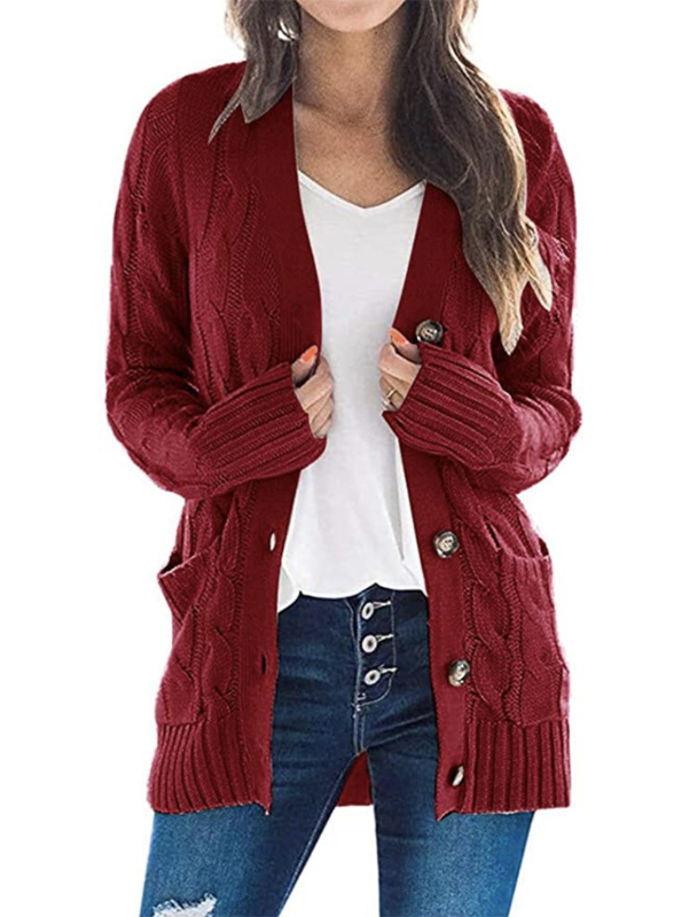Cable Knit Button Front Cardigan, Casual Solid Long Sleeve Cardigan