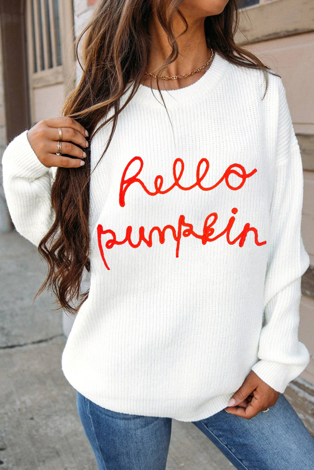 White Hello Pumpkin Graphic Sweater