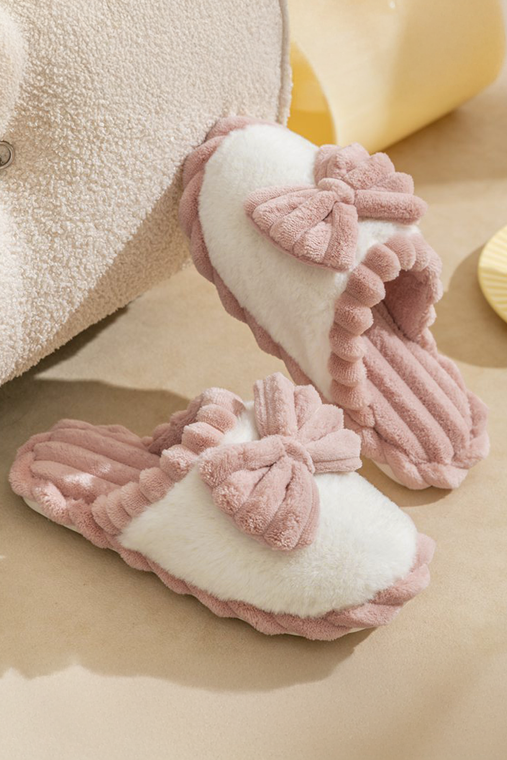 Fushia Bow Decor Color Block Ribbed Plush Slippers