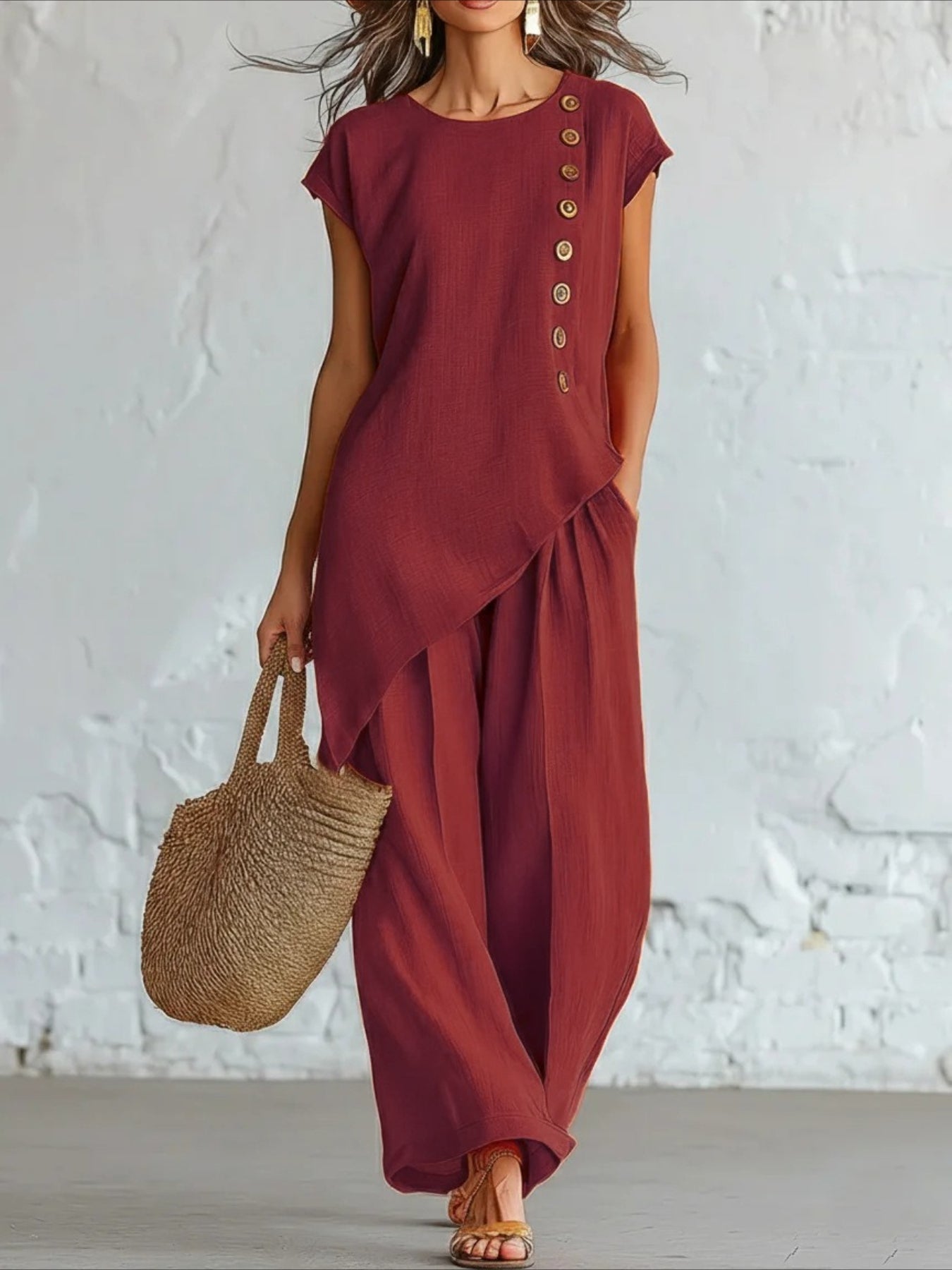 2pcs Set Button Detail Asymmetrical Hem Top & Wide Leg Pants Outfit