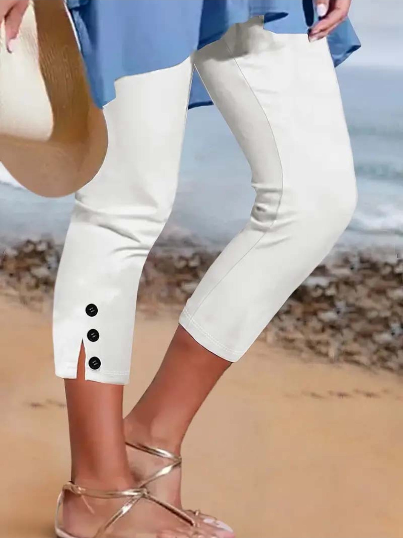 Slim Crop Casual Tights Calf-Length Natural Plain Split Quick Dry Soft Chinos