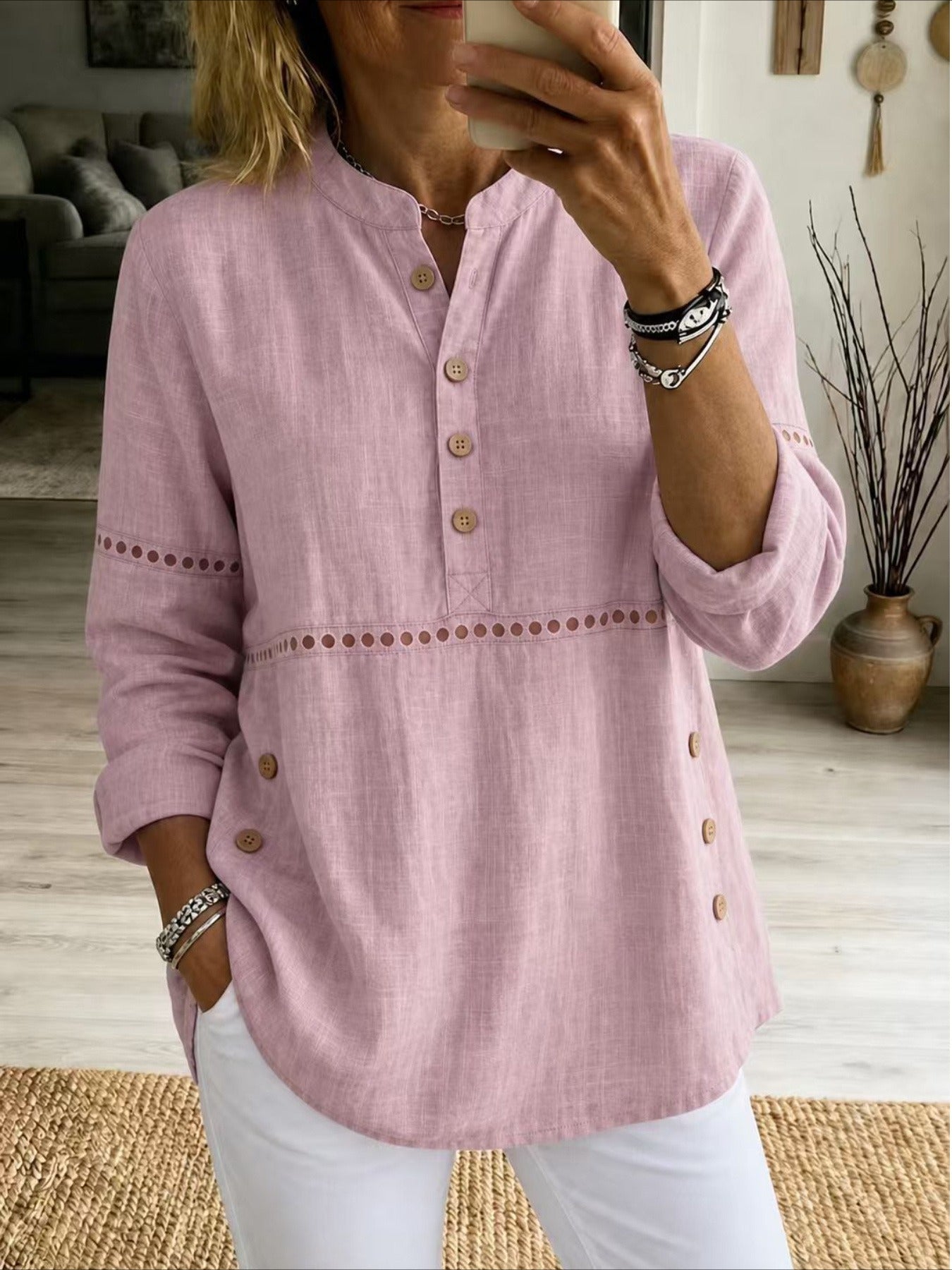 Solid Color Stand Collar Long Sleeve Half-Placket Side Button Cutout Detail Loose Fit Top