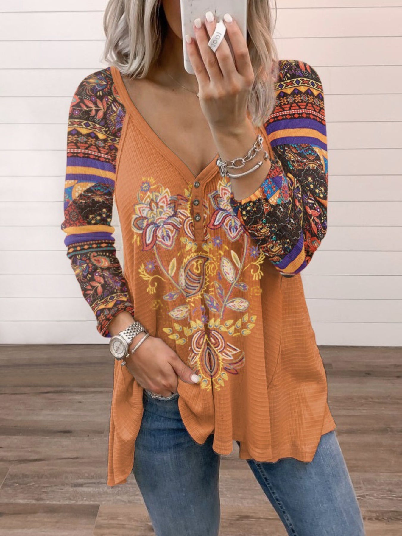 Paisley Print Long Sleeve T-shirt, Women's Slight Stretch V Neck Casual Pullover Top