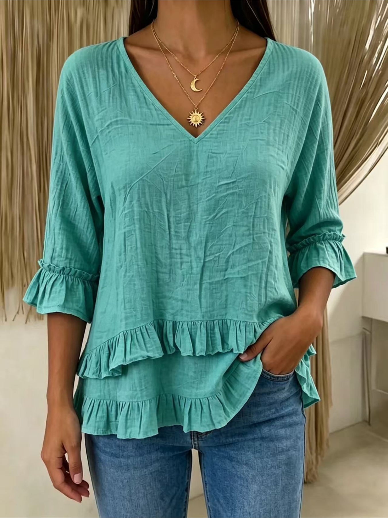 V-neck Ruffled Short Sleeves Blouse