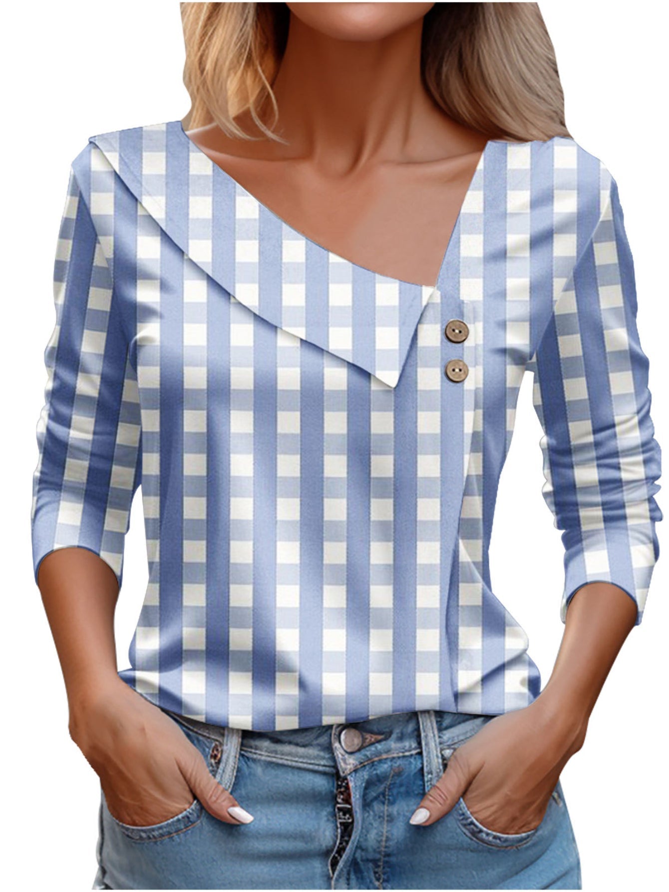 Chic Plaid Print Elegant Long Sleeve V-Neck T-Shirt