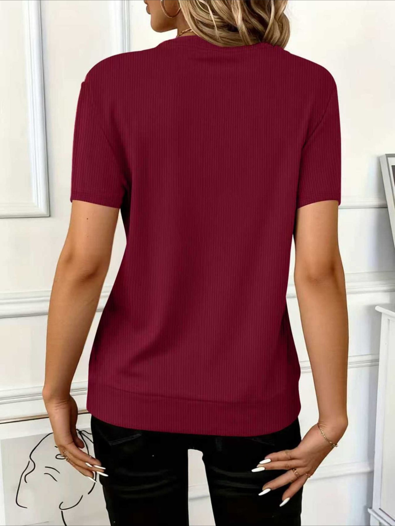 Waffle Texture Zipper Short Sleeve Round Neck T-Shirt