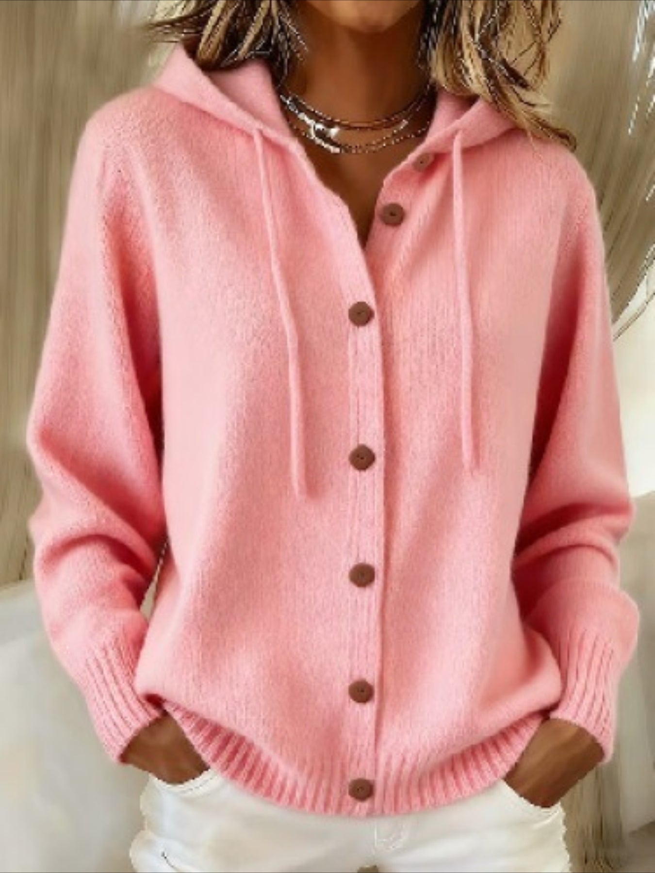 Solid Color Casual Hooded Cardigan Coat with Buttons