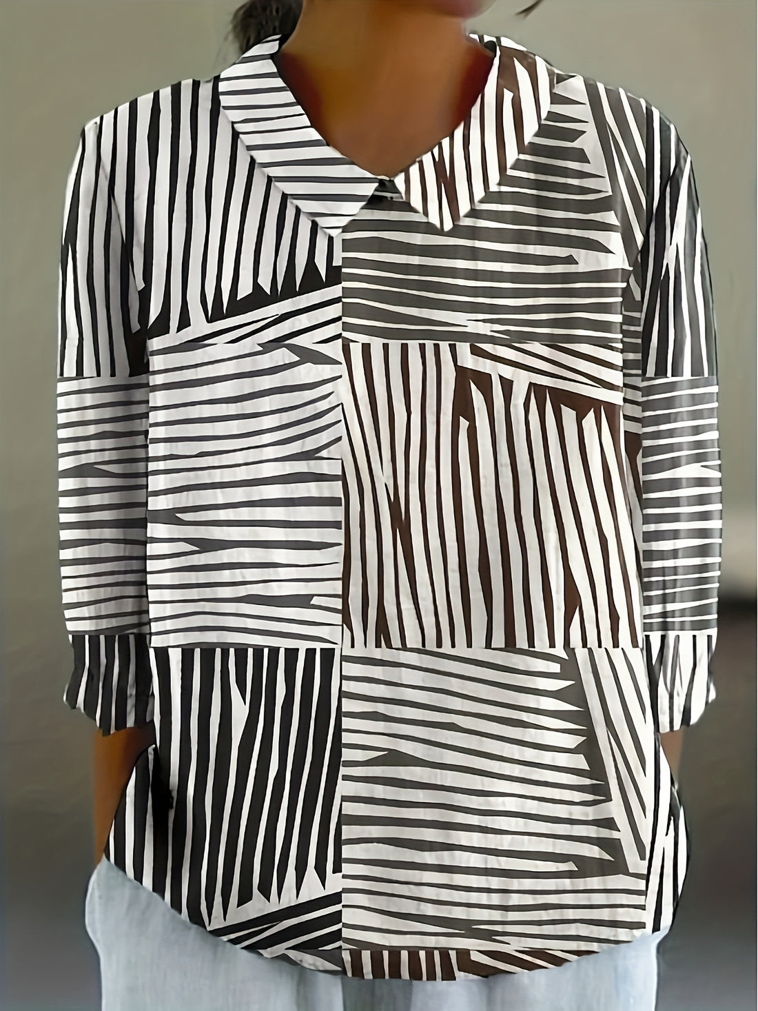 Lapel Geometric Bohemian Pattern Fashion Long Sleeve Collar Regular Shirt