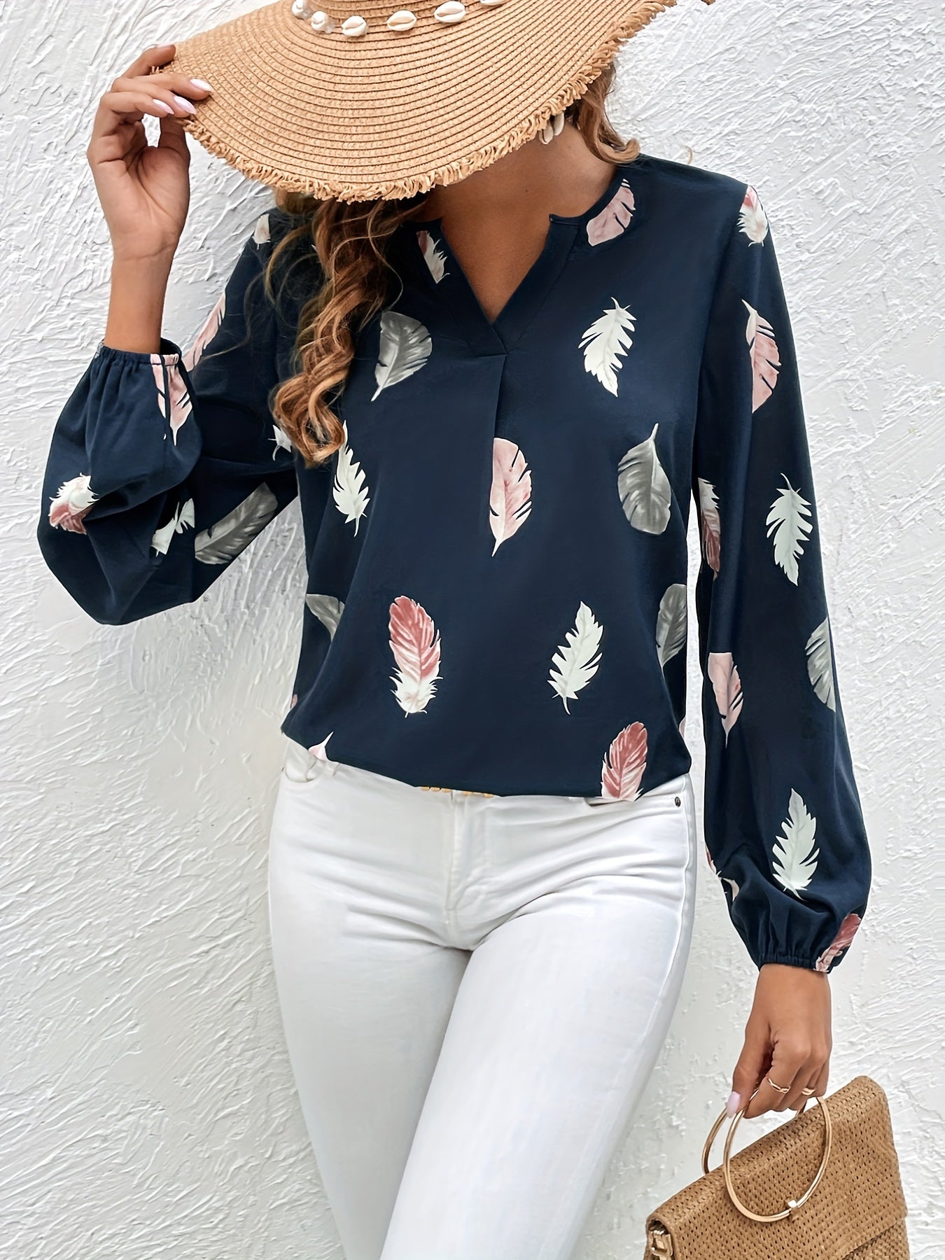 Feather Printed V-neck Loose Shirts, Casual Long Sleeve Fashion Shirts