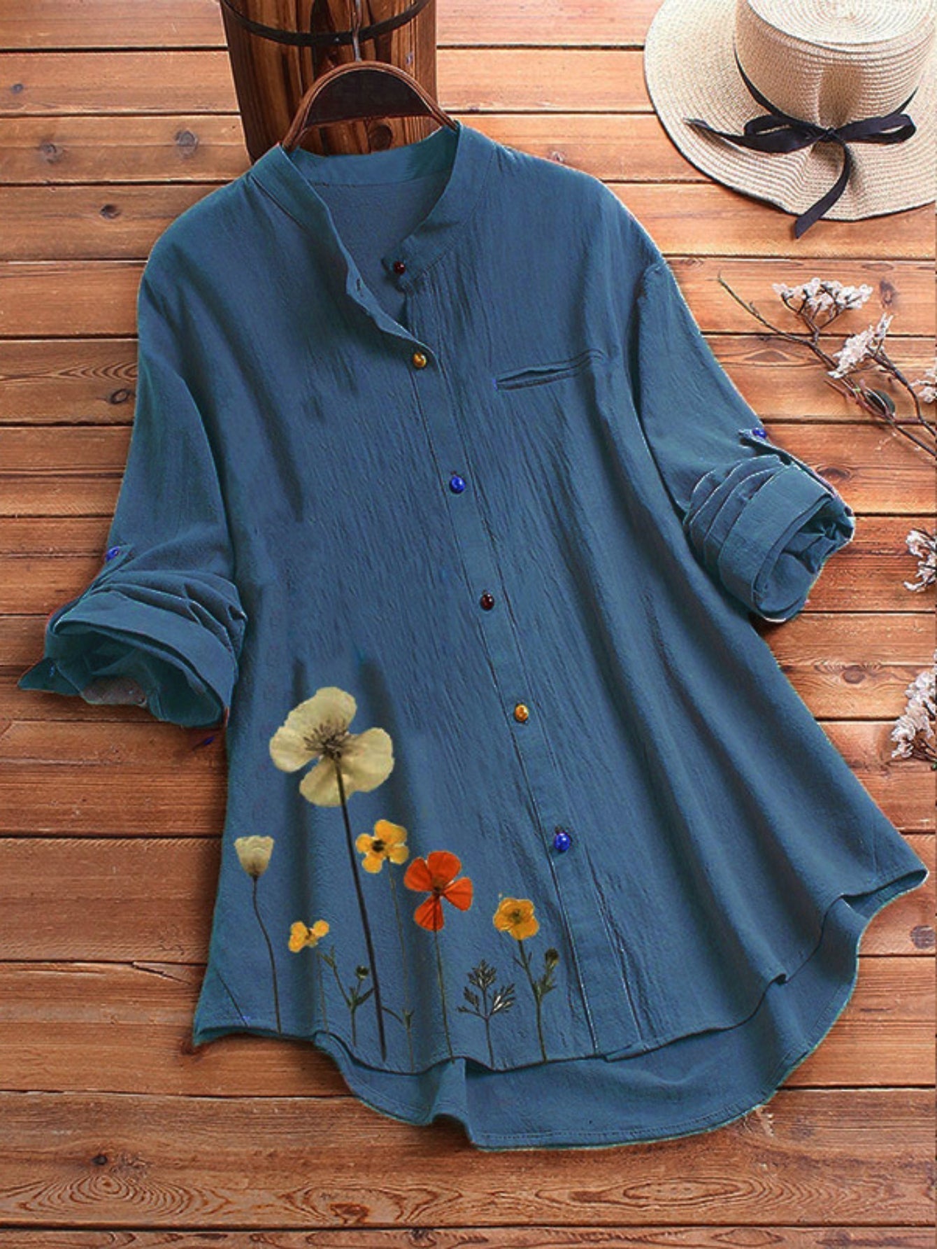 Women's Floral Print Long Sleeve Colorful Button Turn Down Collar Shirt